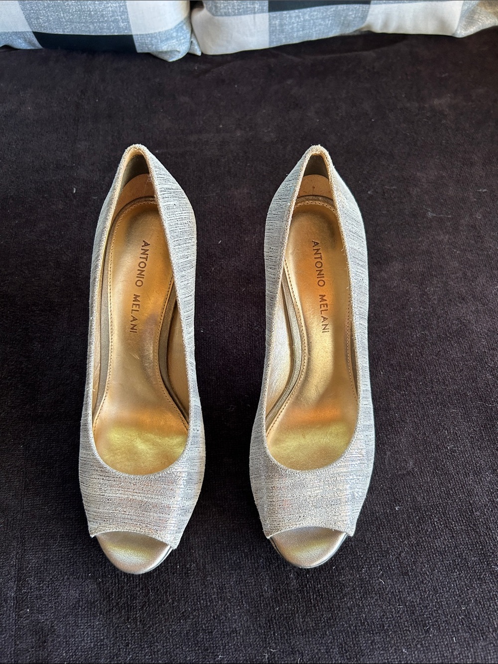 ANTONIO MELANI Metallic Silver Peep-Toe Heels